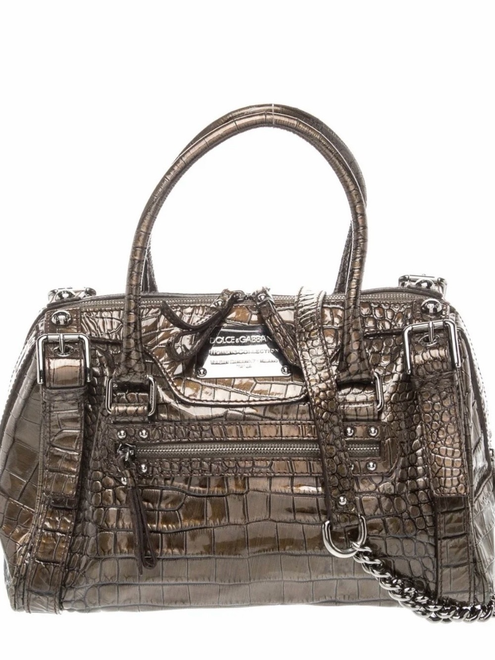Dolce & Gabbana Metallic Bronze Croc-Embossed Satchel with Chain Strap